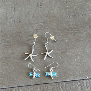 Silver Starfish and Blue Dragonfly Earrings